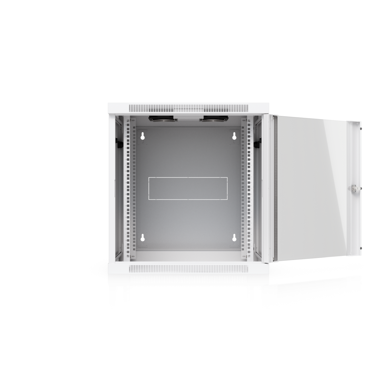 Ubiquiti UACC-Rack-12U-Wall-SW-G UniFi Swing 12U Rack Cabinet with Glass Front Door open, showing the mounting rails and rear panel.