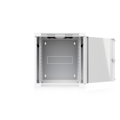 Ubiquiti UACC-Rack-12U-Wall-SW-G UniFi Swing 12U Rack Cabinet with Glass Front Door open, showing the mounting rails and rear panel.