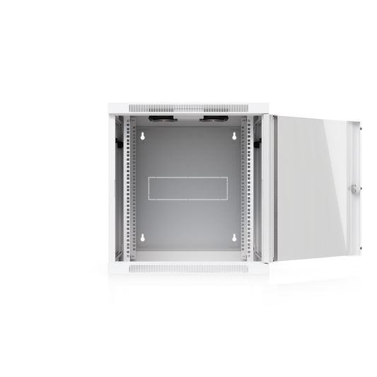Ubiquiti UACC-Rack-12U-Wall-SW-G UniFi Swing 12U Rack Cabinet with Glass Front Door open, showing the mounting rails and rear panel.