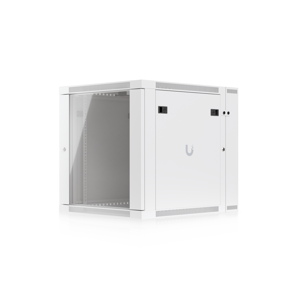 Ubiquiti UACC-Rack-12U-Wall-SW-G UniFi Swing 12U Rack Cabinet, front-right view showing the glass door, side access panel and vented frame.