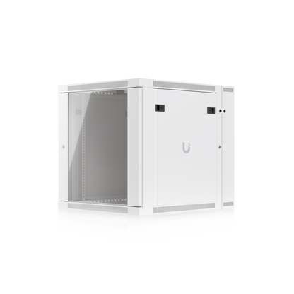 Ubiquiti UACC-Rack-12U-Wall-SW-G UniFi Swing 12U Rack Cabinet, front-right view showing the glass door, side access panel and vented frame.