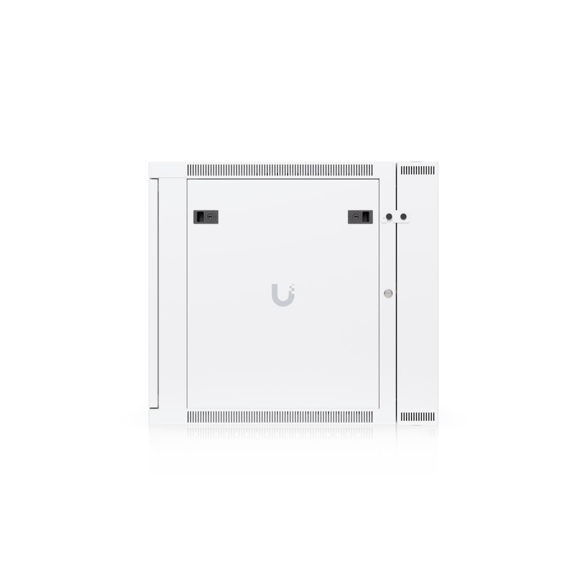 Ubiquiti UACC-Rack-12U-Wall-SW-G UniFi Swing 12U Rack Cabinet, right-side view with recessed latches, UniFi logo and ventilation slots.