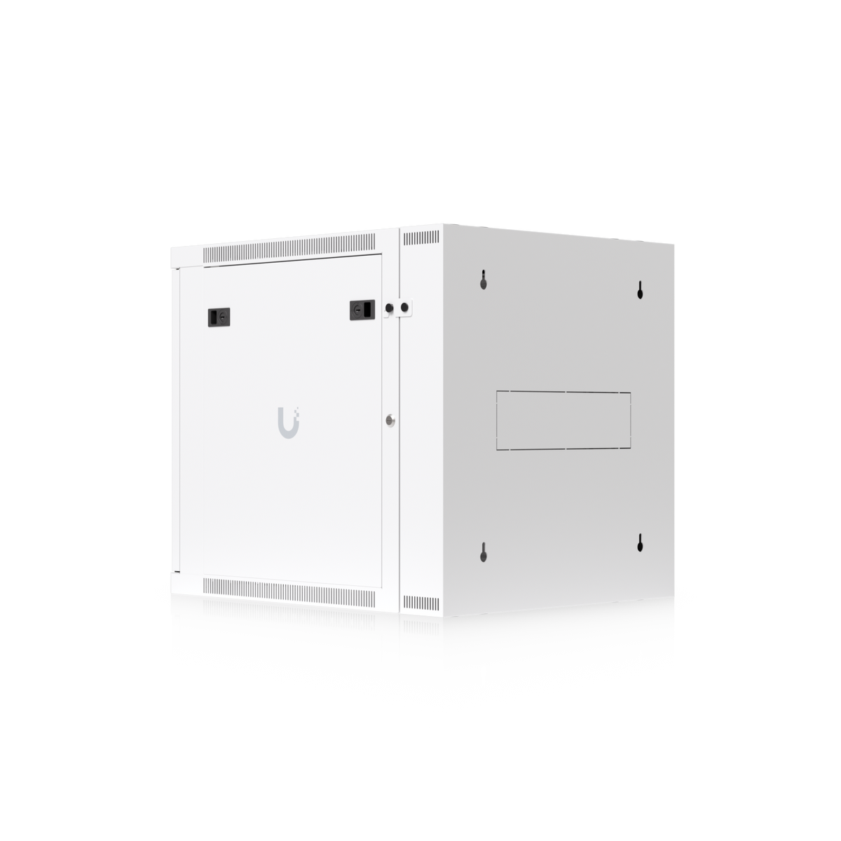 Ubiquiti UACC-Rack-12U-Wall-SW-G UniFi Swing 12U Rack Cabinet, rear-right view with side panel, wall-mount keyholes and cable access panel.