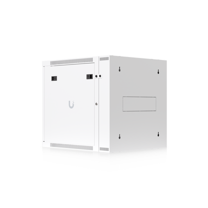 Ubiquiti UACC-Rack-12U-Wall-SW-G UniFi Swing 12U Rack Cabinet, rear-right view with side panel, wall-mount keyholes and cable access panel.