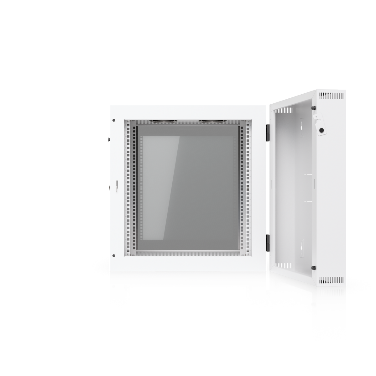 Ubiquiti UACC-Rack-12U-Wall-SW-G UniFi Swing 12U Rack Cabinet swung open from the wall-mount section, exposing the internal rack rails.