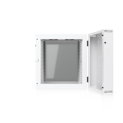 Ubiquiti UACC-Rack-12U-Wall-SW-G UniFi Swing 12U Rack Cabinet swung open from the wall-mount section, exposing the internal rack rails.