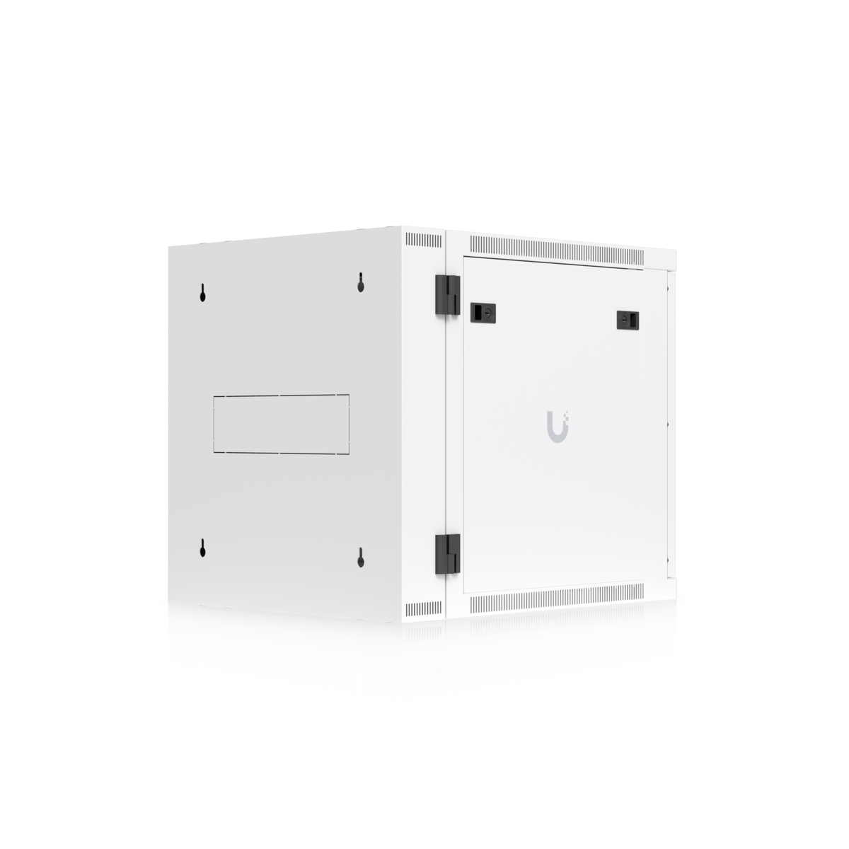 Ubiquiti UACC-Rack-12U-Wall-SW-G UniFi Swing 12U Rack Cabinet, rear-left view showing swing hinges, mounting keyholes and side access panel.