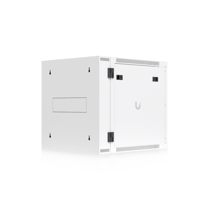 Ubiquiti UACC-Rack-12U-Wall-SW-G UniFi Swing 12U Rack Cabinet, rear-left view showing swing hinges, mounting keyholes and side access panel.