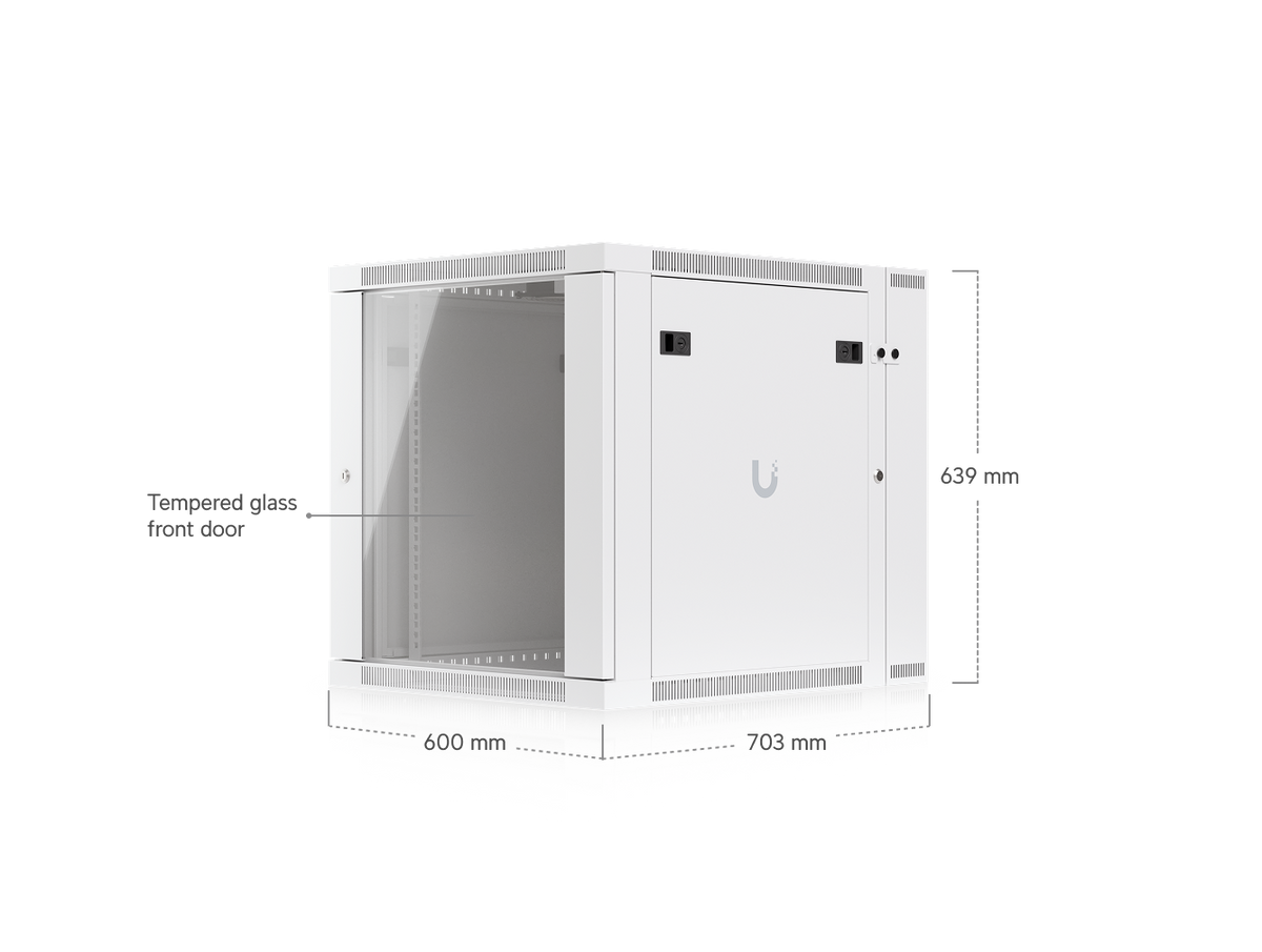 Ubiquiti UACC-Rack-12U-Wall-SW-G UniFi Swing 12U Rack Cabinet with tempered glass front door, measuring 600 mm wide, 703 mm deep and 639 mm high.