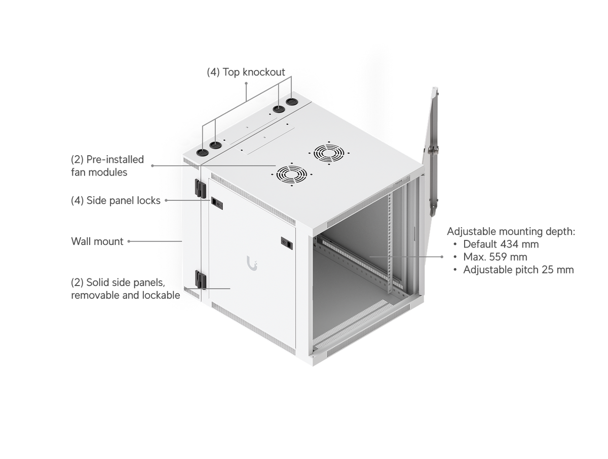 Ubiquiti UACC-Rack-12U-Wall-SW-G UniFi Swing 12U Rack Cabinet with open glass door, dual fan modules, top cable knockouts, lockable side panels and adjustable mounting rails.