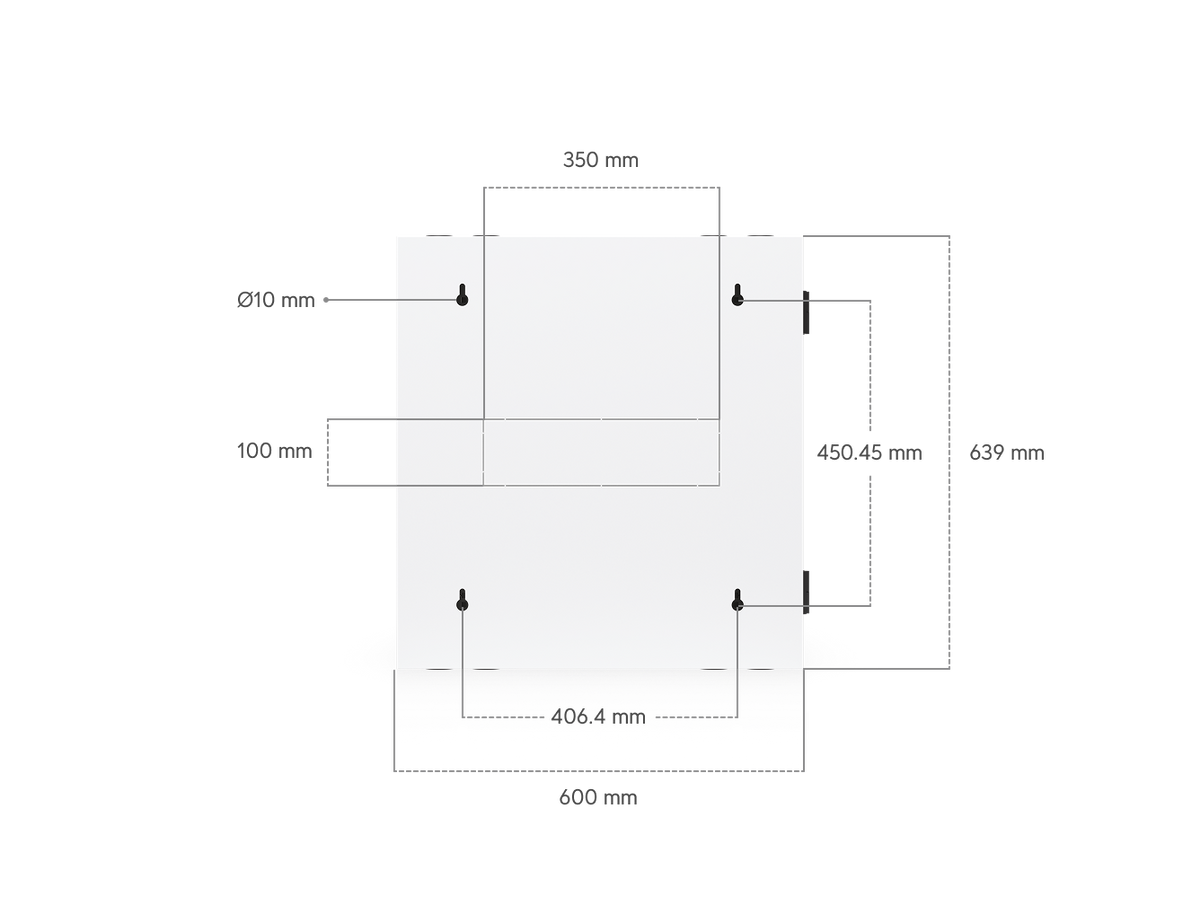 Ubiquiti UACC-Rack-12U-Wall-SW-G UniFi Swing 12U Rack Cabinet rear mounting diagram showing keyhole spacing, cabinet dimensions and 350 mm x 100 mm cable opening.