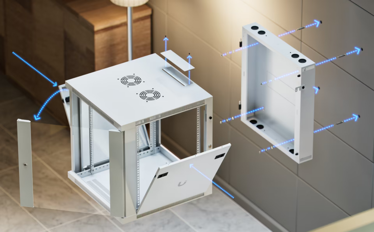 Ubiquiti UACC-Rack-12U-Wall-SW-G UniFi Swing 12U Rack Cabinet exploded installation view with open glass door, removable panels, swing wall mount and top cable access plate.