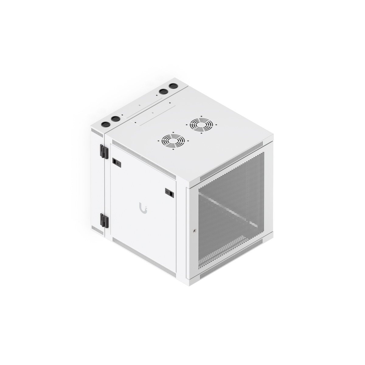Ubiquiti UACC-Rack-12U-Wall-SW-P UniFi Swing 12U Rack Cabinet elevated angled view with perforated front door and dual top fan mounts