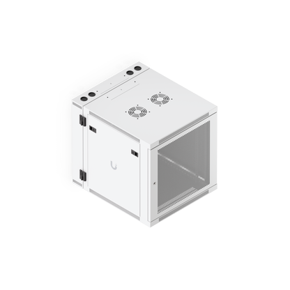 Ubiquiti UACC-Rack-12U-Wall-SW-P UniFi Swing 12U Rack Cabinet elevated angled view with perforated front door and dual top fan mounts