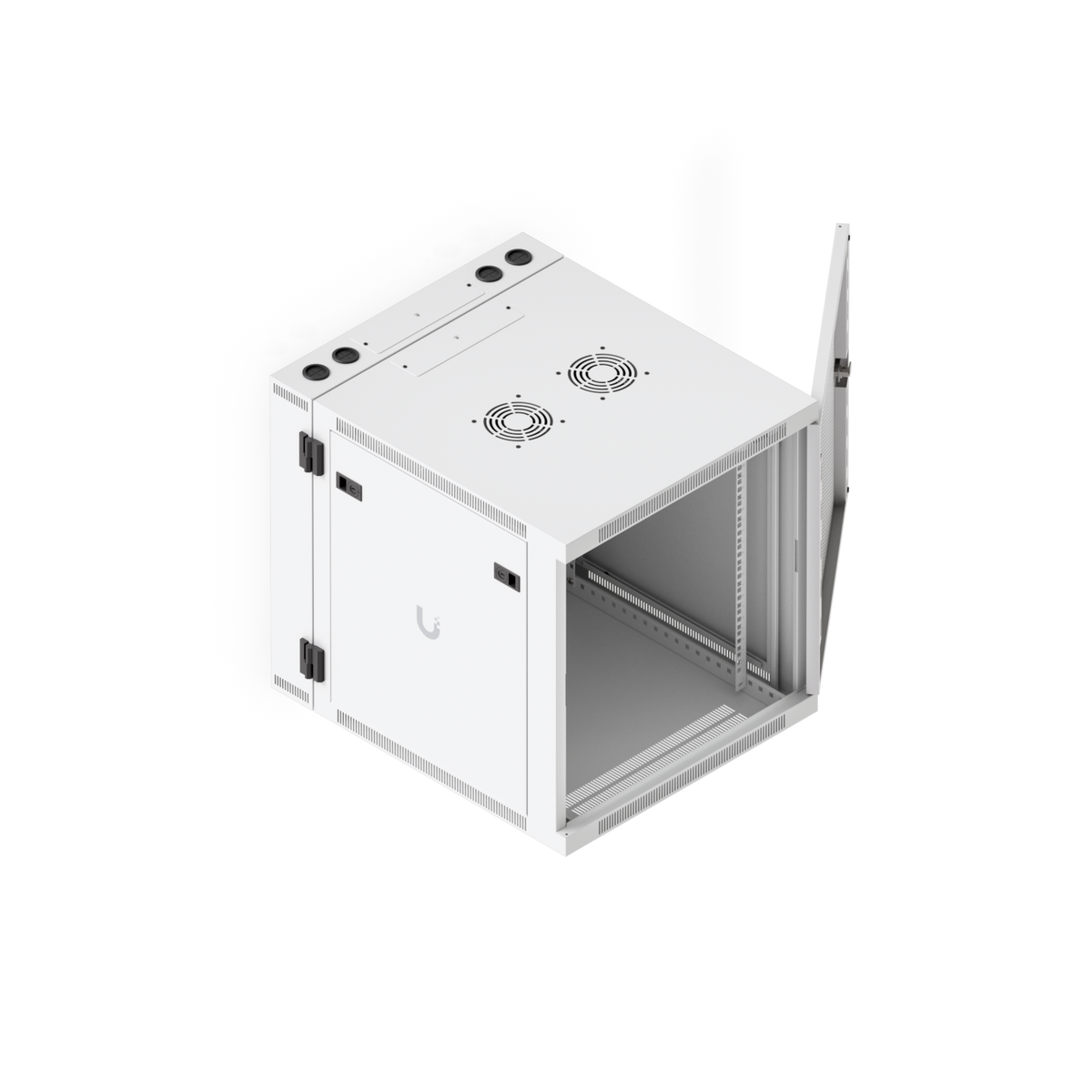 Ubiquiti UACC-Rack-12U-Wall-SW-P UniFi Swing 12U Rack Cabinet elevated view with perforated front door open and internal rack rails visible