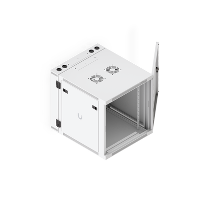 Ubiquiti UACC-Rack-12U-Wall-SW-P UniFi Swing 12U Rack Cabinet elevated view with perforated front door open and internal rack rails visible