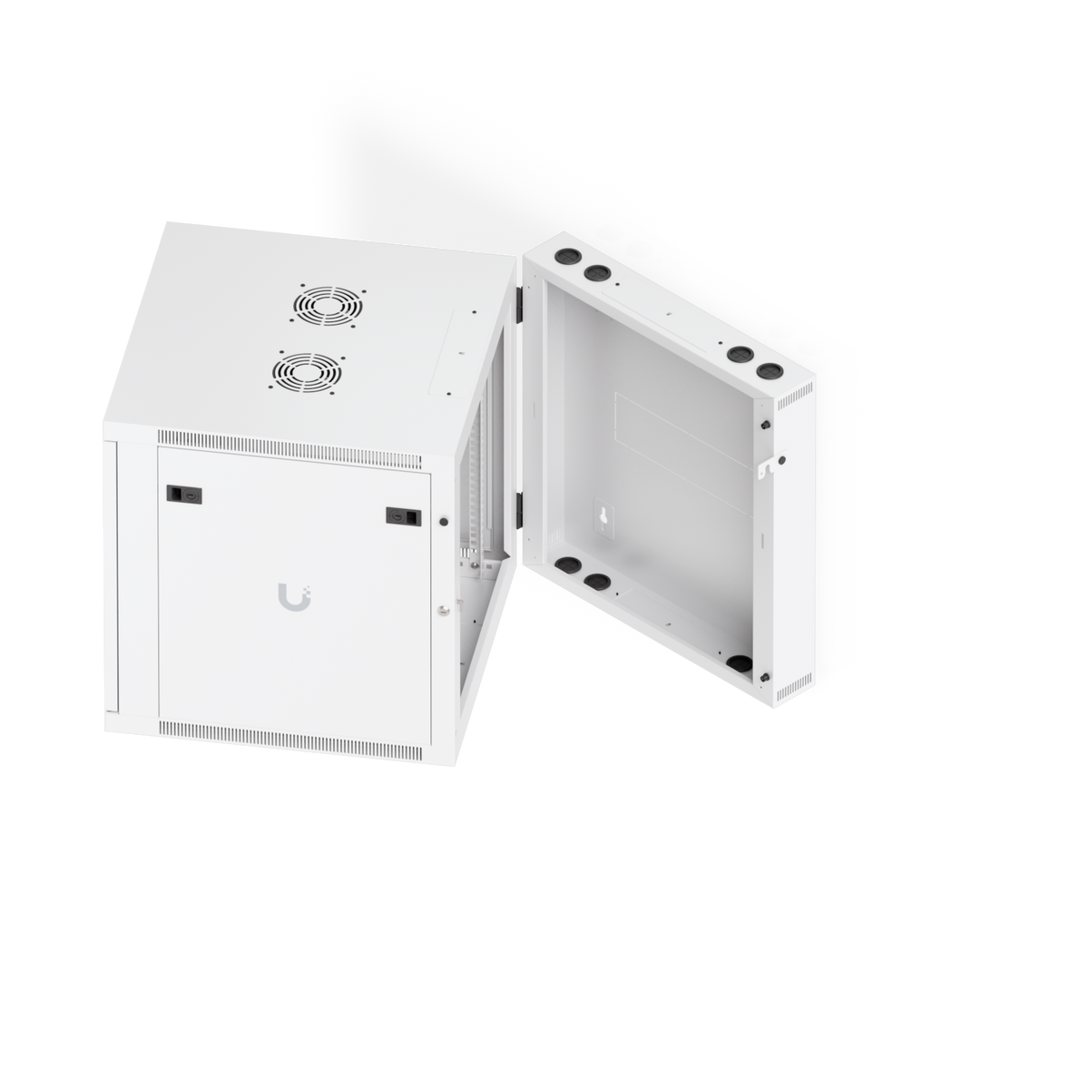 Ubiquiti UACC-Rack-12U-Wall-SW-P UniFi Swing 12U Rack Cabinet with rear swing section opened for equipment and cable access