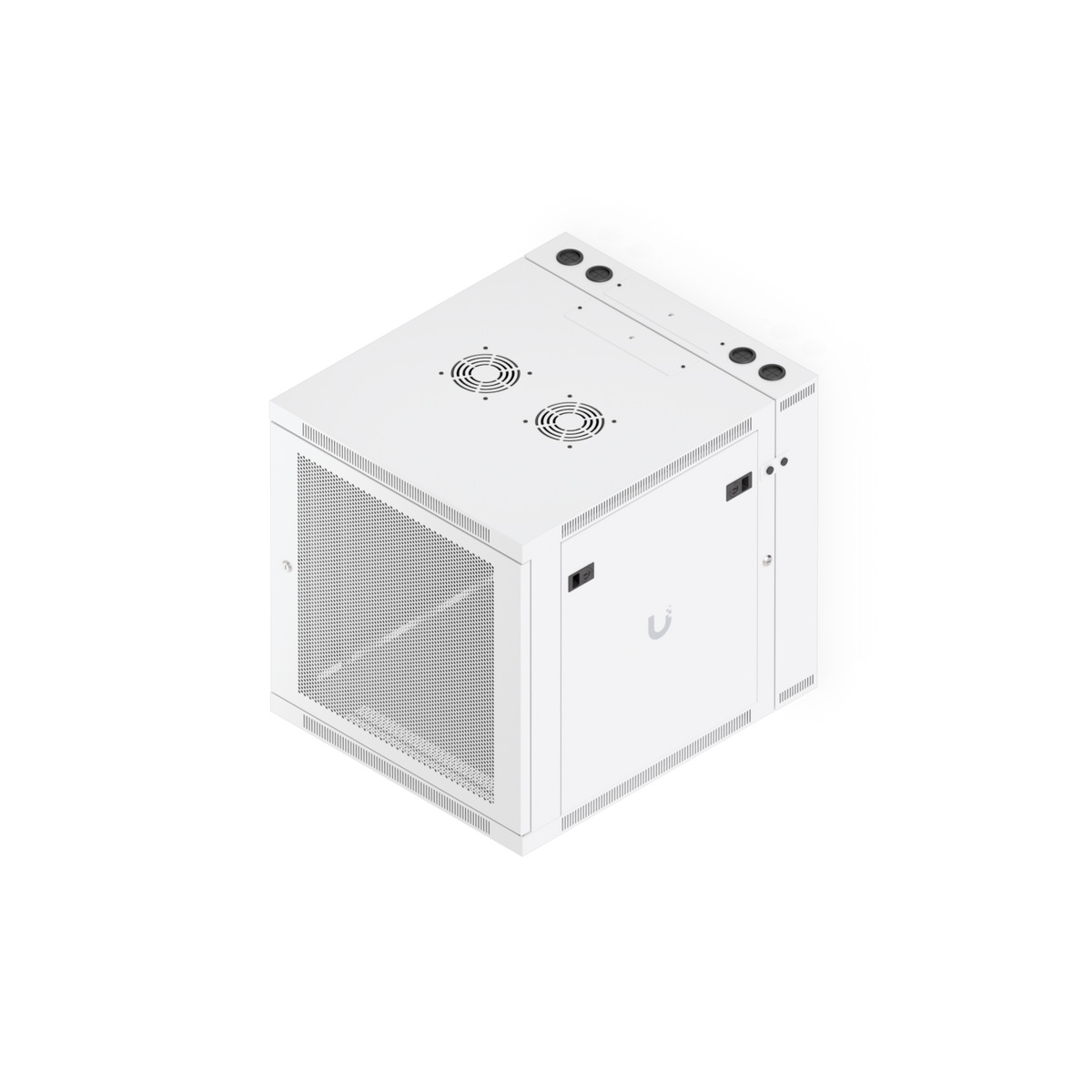 Ubiquiti UACC-Rack-12U-Wall-SW-P UniFi Swing 12U Rack Cabinet elevated three-quarter view with perforated front door, side panel and top ventilation