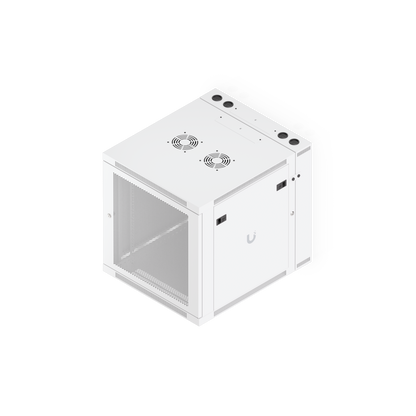 Ubiquiti UACC-Rack-12U-Wall-SW-P UniFi Swing 12U Rack Cabinet elevated three-quarter view with perforated front door, side panel and top ventilation
