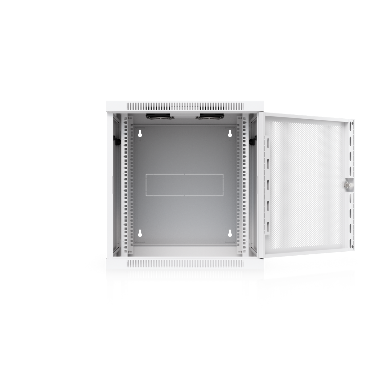 Ubiquiti UACC-Rack-12U-Wall-SW-P UniFi Swing 12U Rack Cabinet with perforated front door open, showing internal rack rails