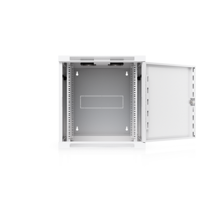 Ubiquiti UACC-Rack-12U-Wall-SW-P UniFi Swing 12U Rack Cabinet with perforated front door open, showing internal rack rails