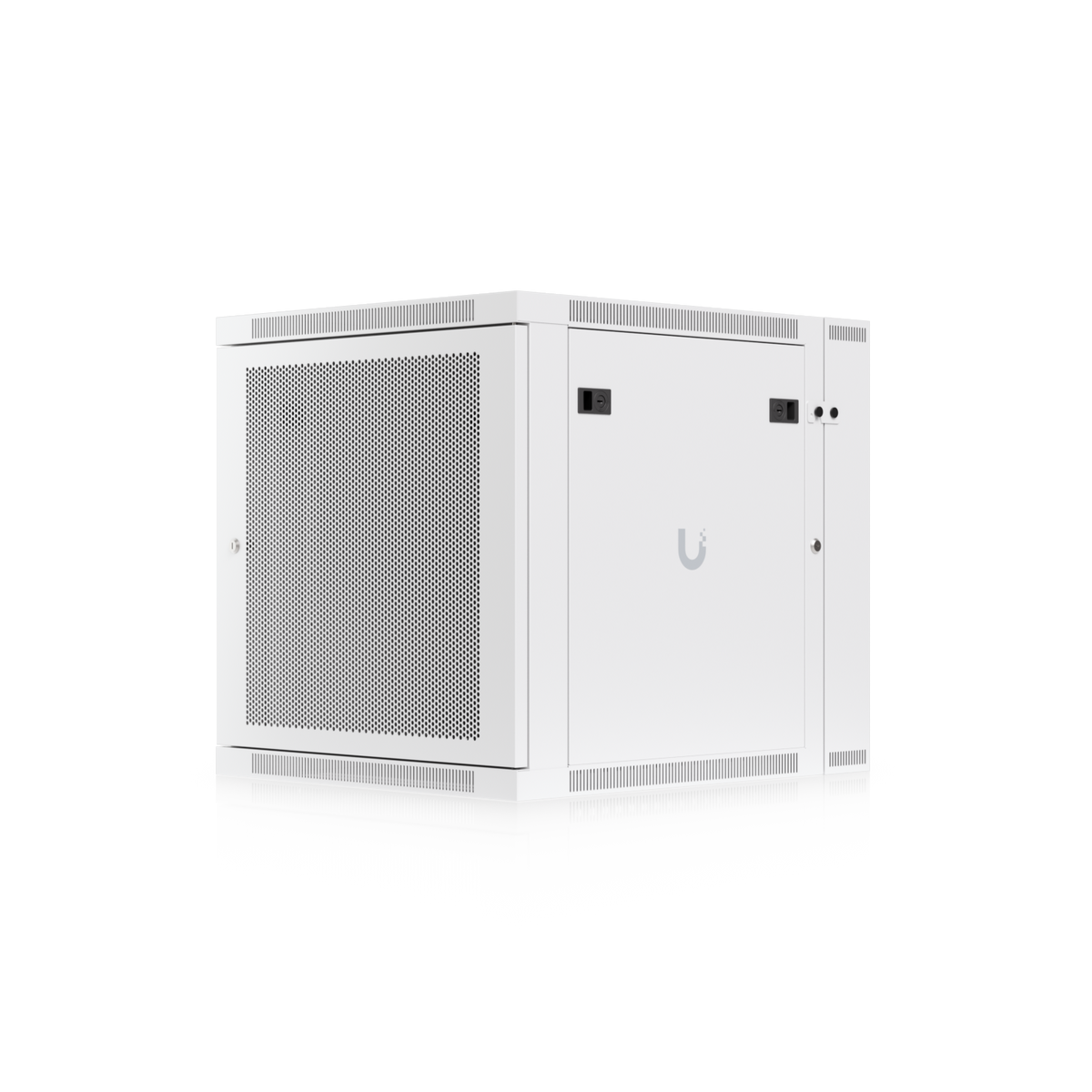 Ubiquiti UACC-Rack-12U-Wall-SW-P UniFi Swing 12U Rack Cabinet angled view with perforated front door, side panel and ventilation