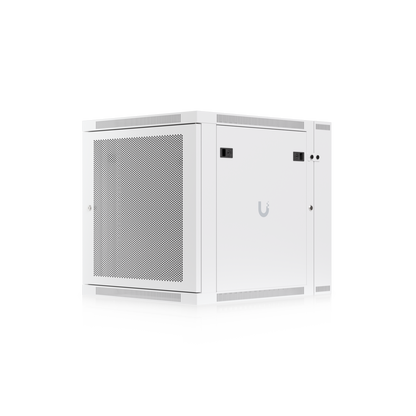 Ubiquiti UACC-Rack-12U-Wall-SW-P UniFi Swing 12U Rack Cabinet angled view with perforated front door, side panel and ventilation