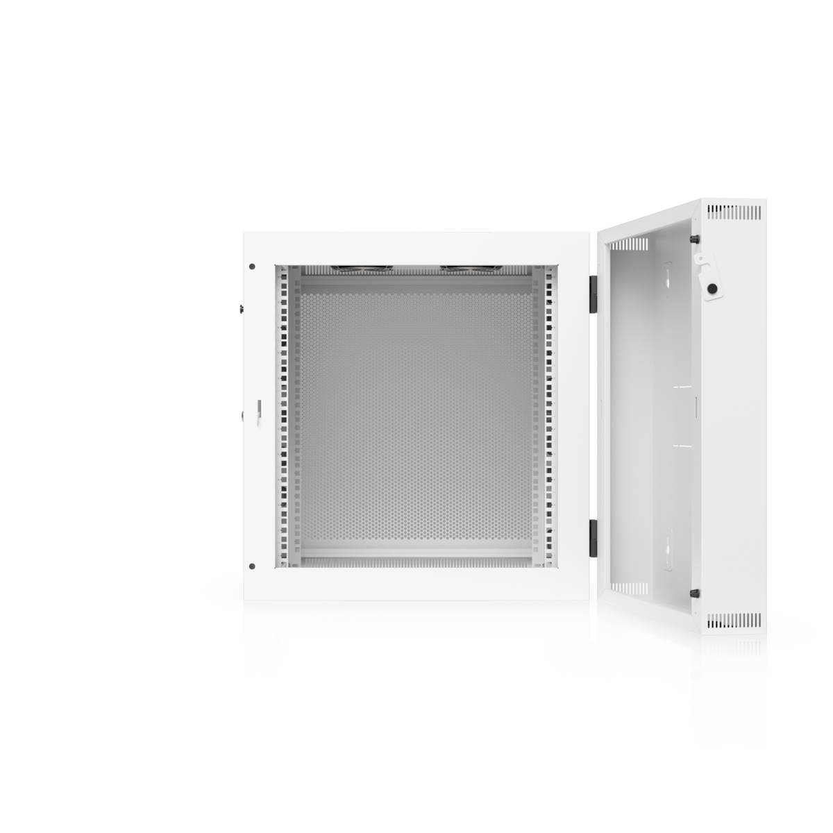 Ubiquiti UACC-Rack-12U-Wall-SW-P UniFi Swing 12U Rack Cabinet with rear swing section open, showing rack rails and perforated front door