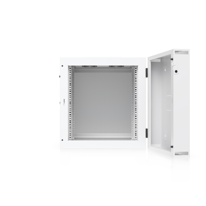 Ubiquiti UACC-Rack-12U-Wall-SW-P UniFi Swing 12U Rack Cabinet with rear swing section open, showing rack rails and perforated front door