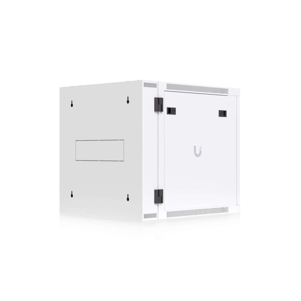 Ubiquiti UACC-Rack-12U-Wall-SW-P UniFi Swing 12U Rack Cabinet angled rear view showing swing hinges, mounting points and side panel