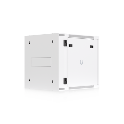 Ubiquiti UACC-Rack-12U-Wall-SW-P UniFi Swing 12U Rack Cabinet angled rear view showing swing hinges, mounting points and side panel