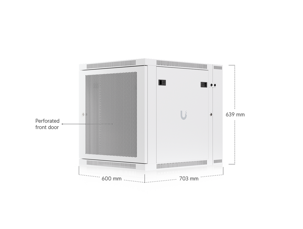 Ubiquiti UACC-Rack-12U-Wall-SW-P UniFi Swing 12U Rack Cabinet dimensions showing 600mm width, 703mm depth, 639mm height and perforated front door