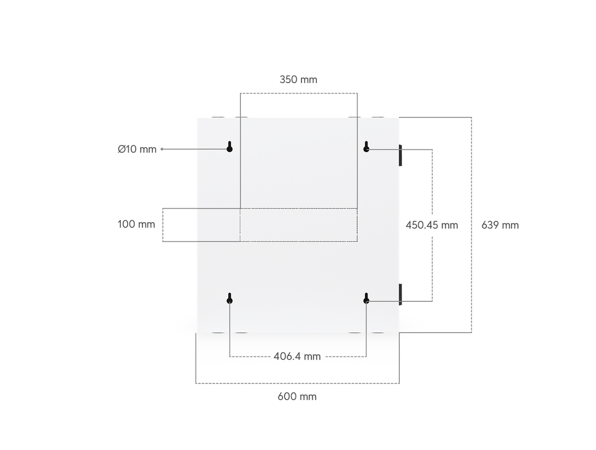 Ubiquiti UACC-Rack-12U-Wall-SW-P UniFi Swing 12U Rack Cabinet rear mounting dimensions showing keyhole spacing, cable access opening and 639mm cabinet height