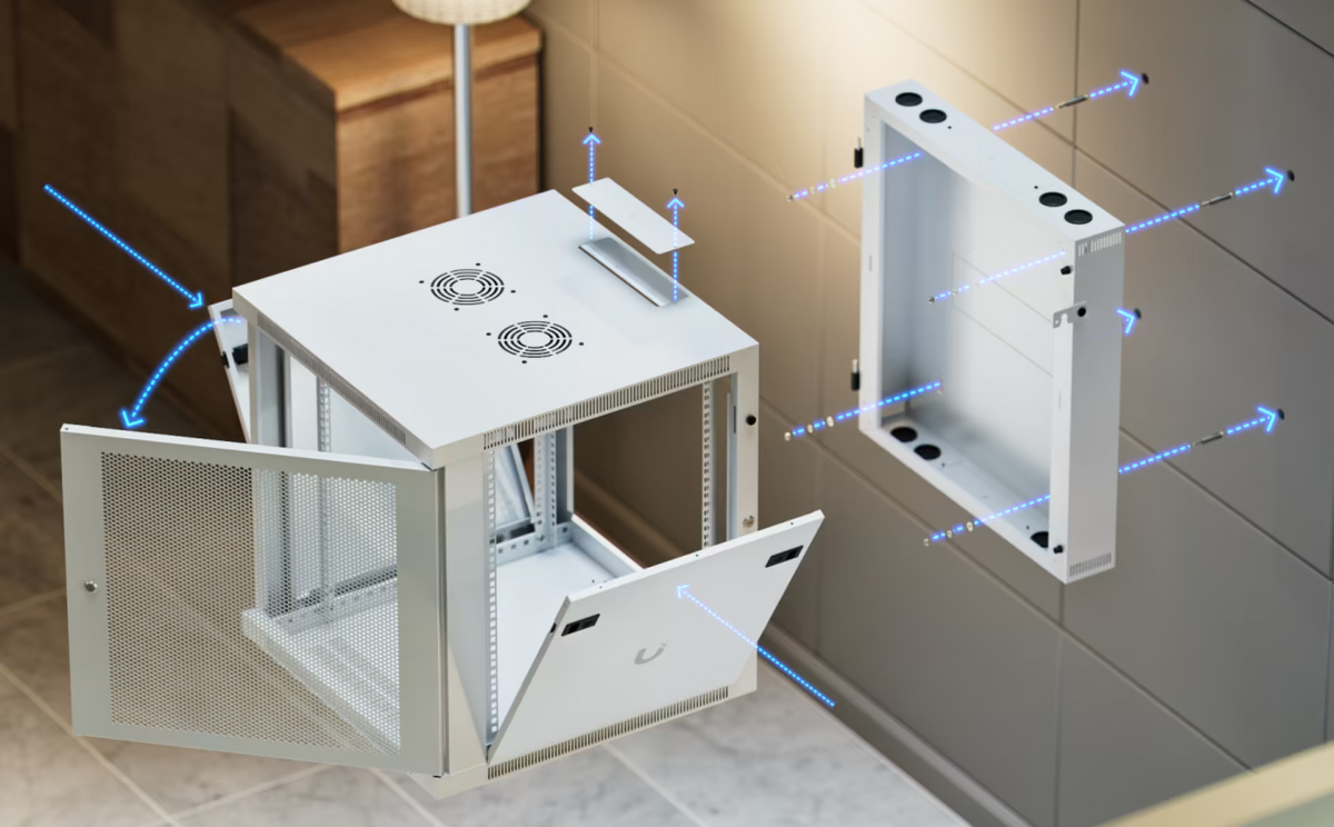 Ubiquiti UACC-Rack-12U-Wall-SW-P UniFi Swing 12U Rack Cabinet installation showing swing-out wall mount, removable panels and cable access points