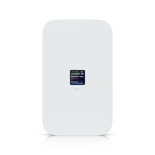 Ubiquiti UniFi 5G Max U5G-Max modem, front view with 1.3-inch colour touchscreen showing 5G signal and data usage