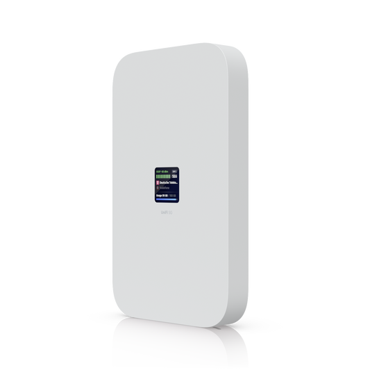 Ubiquiti UniFi 5G Max U5G-Max modem in front-right angled view with touchscreen status display and white rounded enclosure
