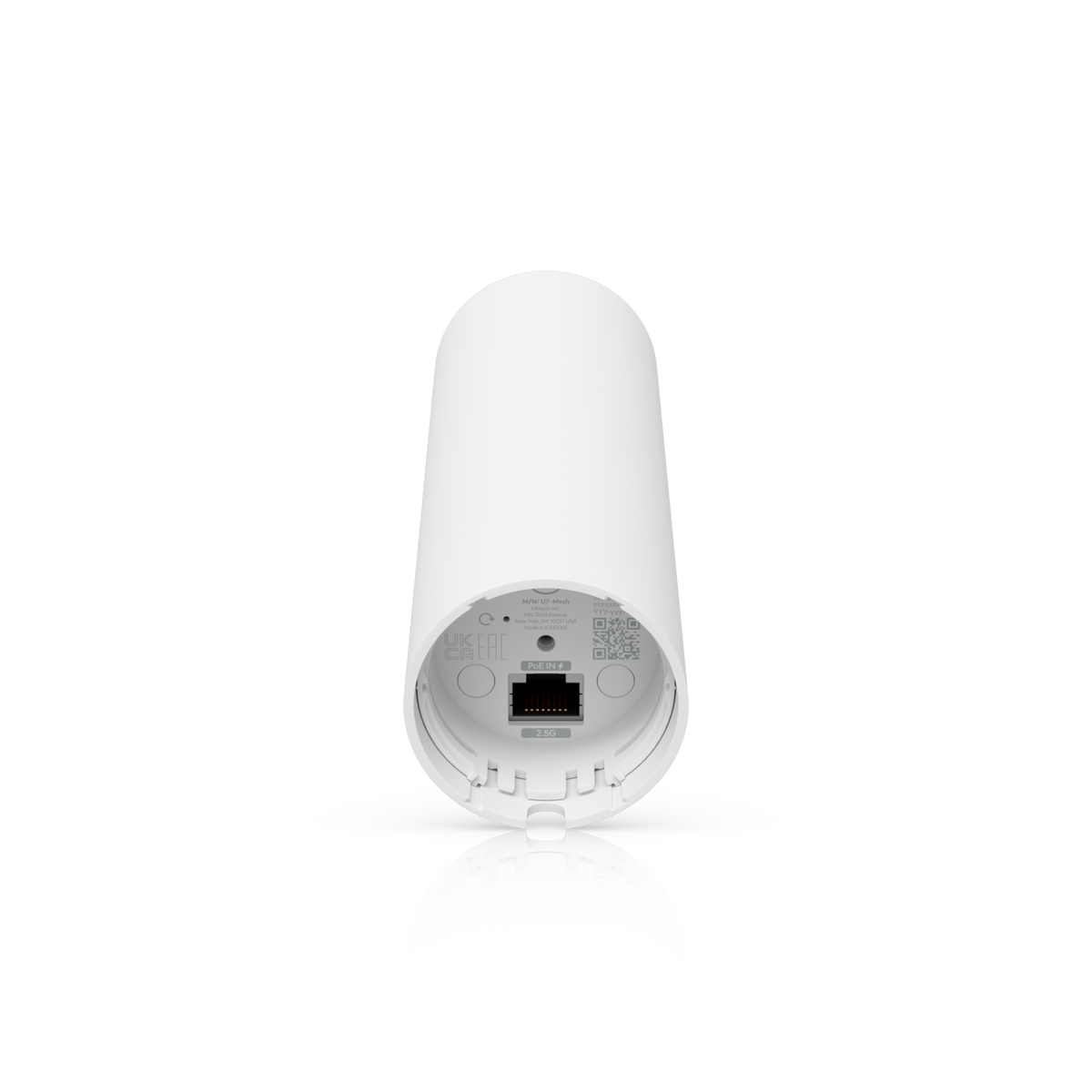 Angled underside of Ubiquiti U7-Mesh UniFi U7 Mesh WiFi access point showing the recessed 2.5G PoE Ethernet port.