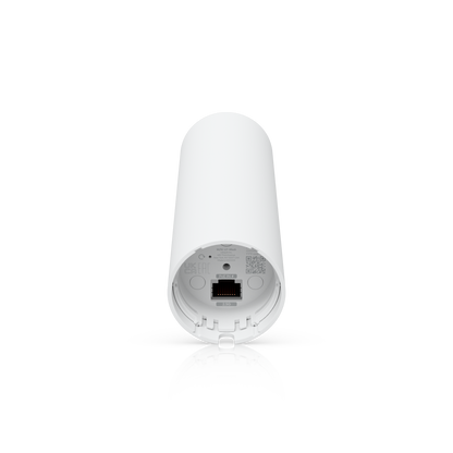 Angled underside of Ubiquiti U7-Mesh UniFi U7 Mesh WiFi access point showing the recessed 2.5G PoE Ethernet port.