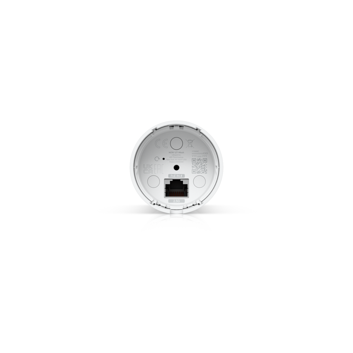 Bottom view of Ubiquiti U7-Mesh UniFi U7 Mesh WiFi access point showing the Ethernet port, reset pinhole and cable outlet.