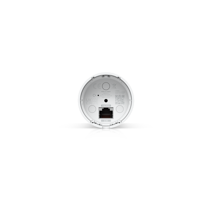 Bottom view of Ubiquiti U7-Mesh UniFi U7 Mesh WiFi access point showing the Ethernet port, reset pinhole and cable outlet.
