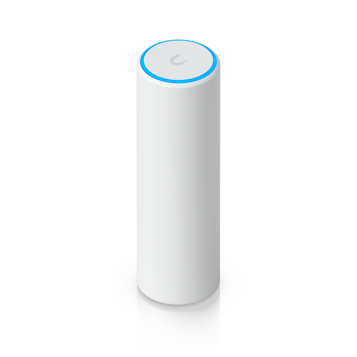 Elevated view of Ubiquiti U7-Mesh UniFi U7 Mesh WiFi access point showing the top logo and illuminated LED ring.