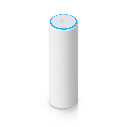 Elevated view of Ubiquiti U7-Mesh UniFi U7 Mesh WiFi access point showing the top logo and illuminated LED ring.