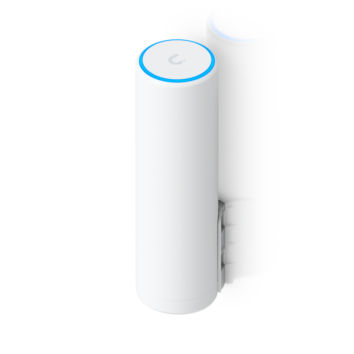 Angled view of Ubiquiti U7-Mesh UniFi U7 Mesh WiFi access point with wall-mount bracket and illuminated top ring.