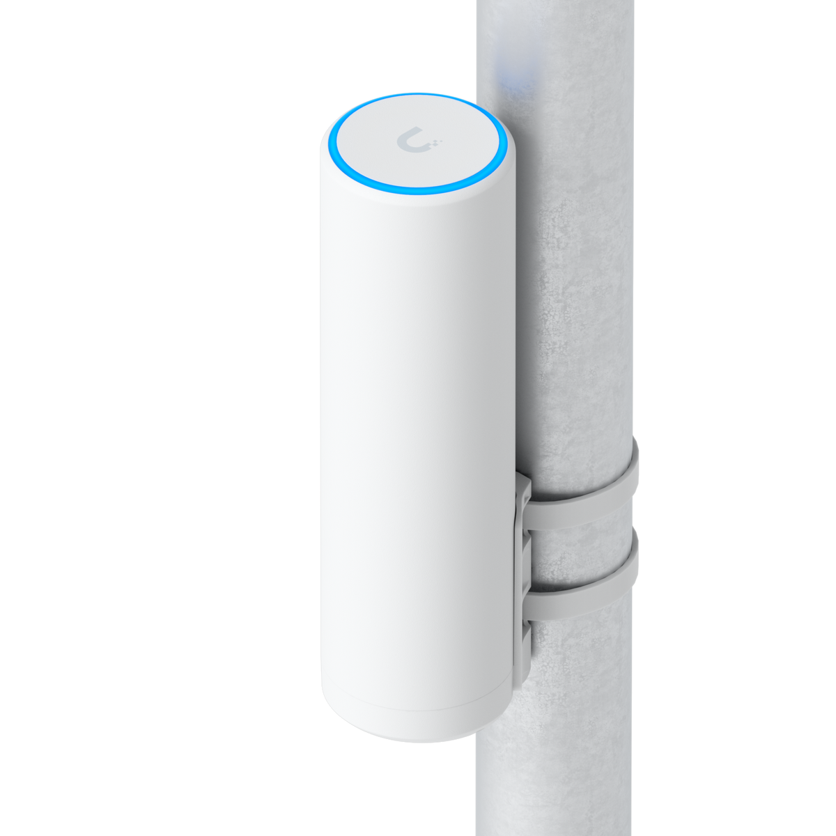 Ubiquiti U7-Mesh UniFi U7 Mesh WiFi access point mounted vertically on a pole with a bracket and two securing straps.