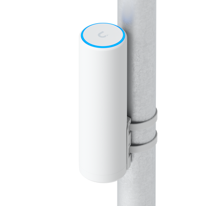 Ubiquiti U7-Mesh UniFi U7 Mesh WiFi access point mounted vertically on a pole with a bracket and two securing straps.