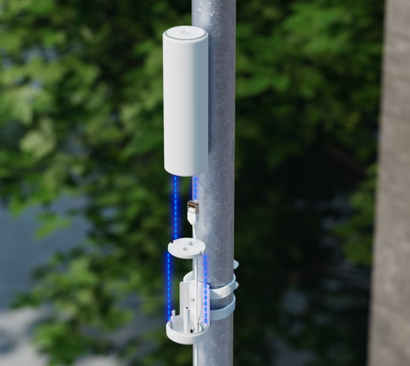 Exploded installation view of Ubiquiti U7-Mesh UniFi U7 Mesh showing the pole-mount bracket and Ethernet cable routing.