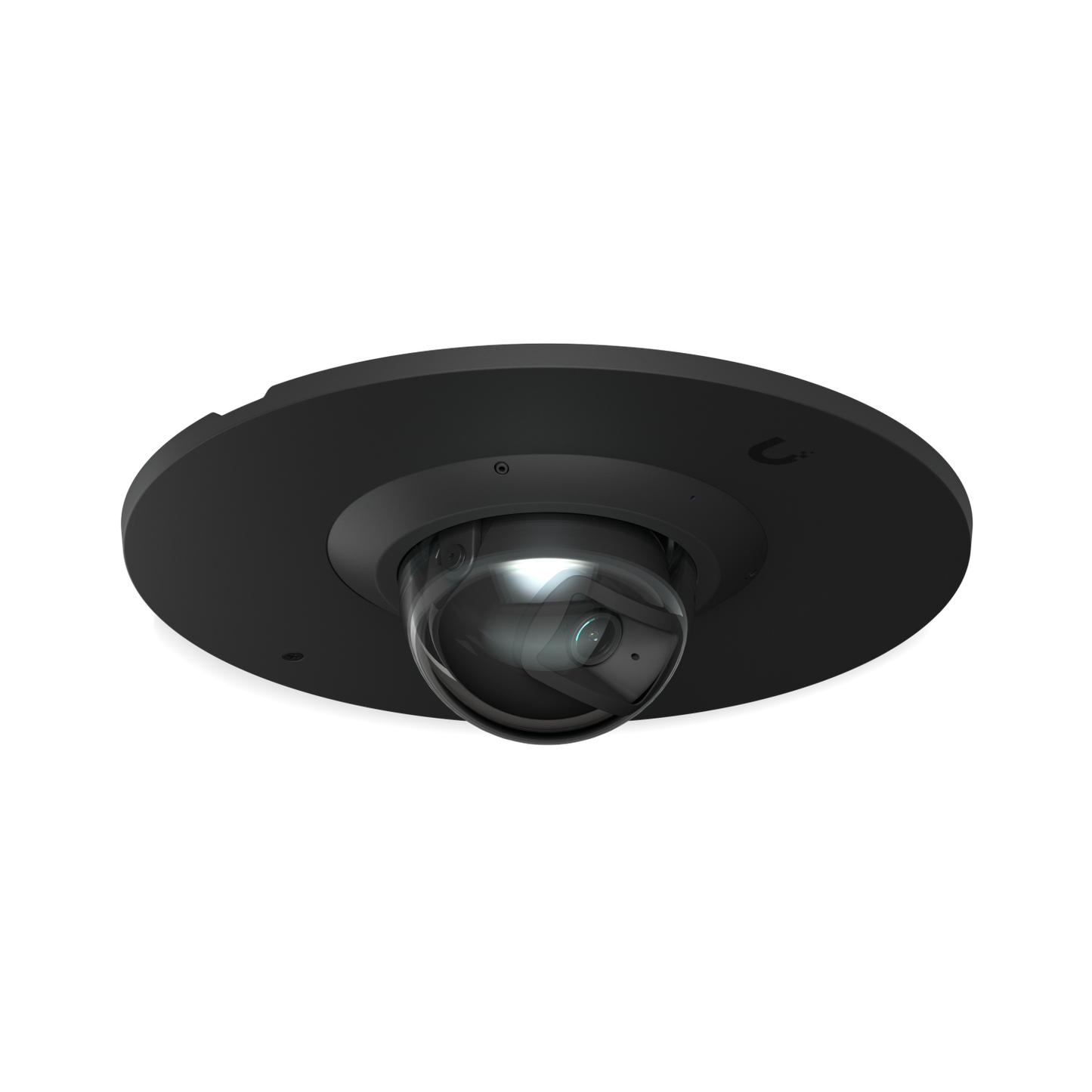 Low-angle view of the Ubiquiti UACC-G6-Dome-FM-B black flush mount with a UniFi G6 Dome camera installed.