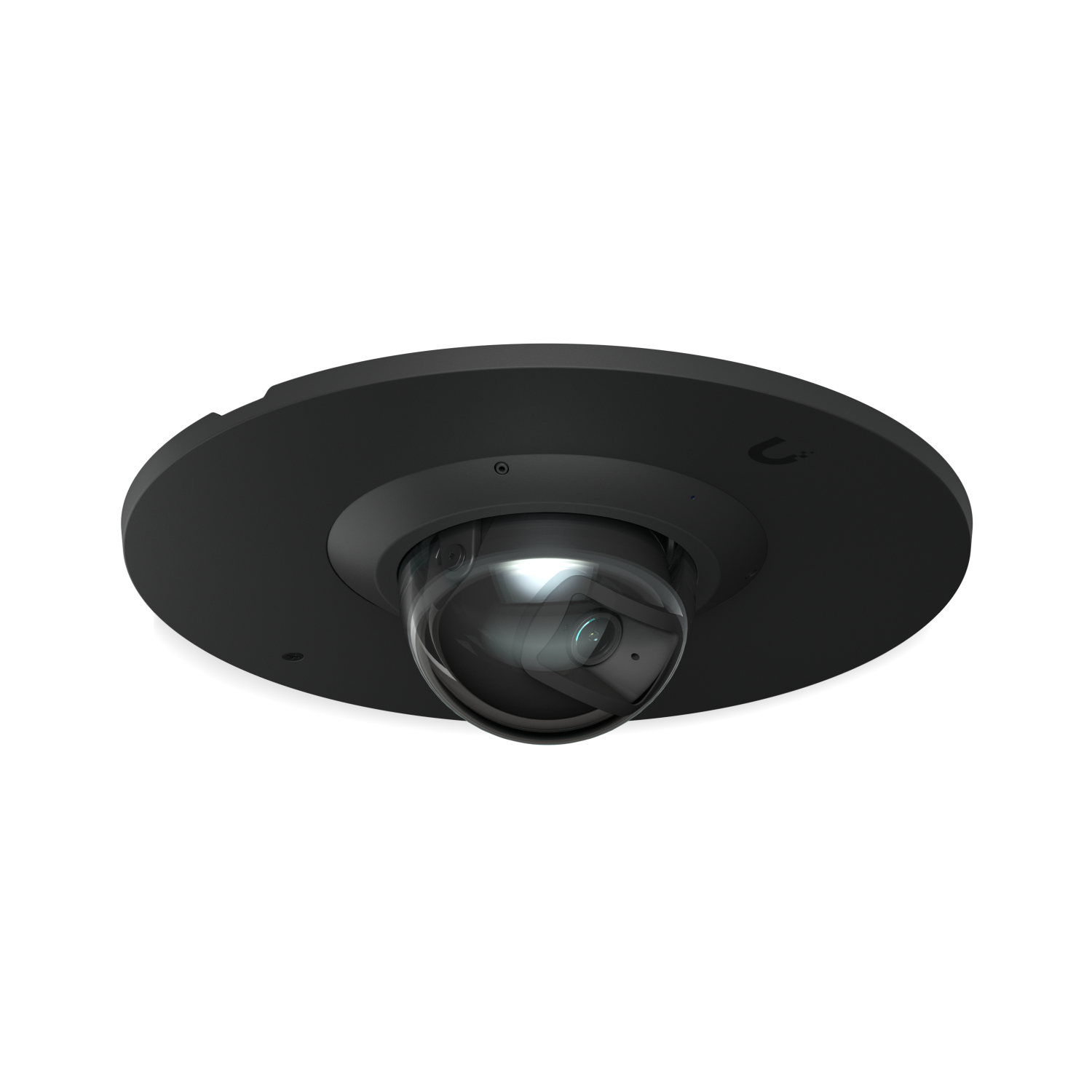 Low-angle view of the Ubiquiti UACC-G6-Dome-FM-B black flush mount with a UniFi G6 Dome camera installed.
