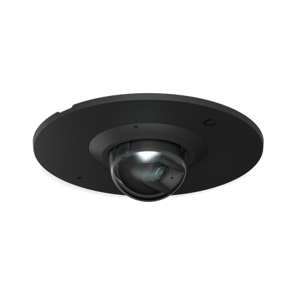 Low-angle view of the Ubiquiti UACC-G6-Dome-FM-B black flush mount with a UniFi G6 Dome camera installed.