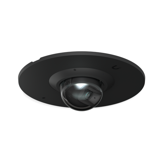 Low-angle view of the Ubiquiti UACC-G6-Dome-FM-B black flush mount with a UniFi G6 Dome camera installed.